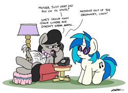 Size: 2463x1792 | Tagged: safe, artist:bobthedalek, dj pon-3, octavia melody, vinyl scratch, earth pony, pony, unicorn, g4, bowtie, chair, crossed legs, dialogue, duo, female, hoof hold, lamp, mare, mute, mute vinyl, newspaper, offscreen character, phone, simple background, sitting, vinyl's glasses, white background