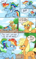 Size: 3190x5240 | Tagged: safe, artist:galaxy swirl, applejack, rainbow dash, earth pony, pegasus, pony, comic:applecrash, g4, alternate hairstyle, apple, applejack is not amused, biting, comic, dialogue, duo, female, floppy ears, food, lesbian, open mouth, pigtails, ponytail, ship:appledash, shipping, tail, tail bite, tail pull, talking, teenage applejack, teenager, unamused, younger