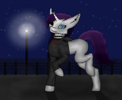 Size: 1141x940 | Tagged: safe, artist:electric motor, oc, oc only, oc:ева, bat pony, hybrid, pony, unicorn, black eye, blank flank, clothes, decoration, ear piercing, earring, embankment, fence, foal, jewelry, lamp, looking at you, night, not rarity, ocean, piercing, raised hoof, solo, stars, sweater, sweatershy, water