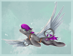 Size: 2848x2194 | Tagged: safe, artist:themstap, oc, oc only, oc:sky slash, pegasus, pony, commission, female, flying, heterochromia, high res, mare, pegasus oc, solo, technology