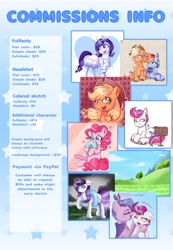 Size: 2419x3494 | Tagged: safe, artist:galaxy swirl, applejack, pinkie pie, rainbow dash, rarity, zipp storm, earth pony, pegasus, pony, unicorn, g4, g5, advertisement, commission info, donut, female, food, high res, lesbian, ship:appledash, shipping