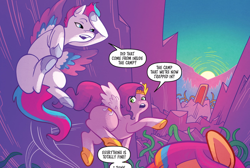 Size: 1190x801 | Tagged: safe, idw, official comic, pipp petals, sunny starscout, zipp storm, earth pony, pegasus, pony, camp bighoof #1, g5, my little pony: camp bighoof, spoiler:comic, spoiler:g5comic, animal, female, flying, mane stripe sunny, mare, royal sisters (g5), siblings, sisters, sunset