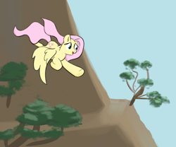 Size: 1200x1000 | Tagged: safe, artist:marrsund, fluttershy, pegasus, pony, g4, female, flying, mare, open mouth, scenery, sky, smiling, solo, tree