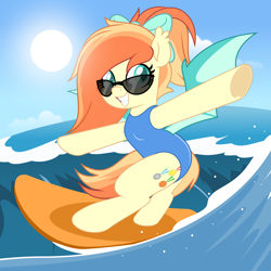 Size: 5000x5000 | Tagged: safe, artist:jhayarr23, oc, oc only, oc:sunshine drift, bat pony, pony, bat ears, bat pony oc, bat wings, bipedal, bow, clothes, commission, female, hair bow, mare, ocean, solo, sun, sunglasses, surfboard, surfing, swimsuit, water, wave, wings, ych result