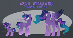 Size: 3547x1877 | Tagged: safe, artist:arodovecaidwa, oc, oc only, oc:orion starswirl, alicorn, hybrid, pony, age progression, colt, foal, magical lesbian spawn, male, mlp : true colors, next generation, offspring, older, parent:princess luna, parent:twilight sparkle, parents:twiluna, stallion