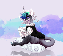 Size: 3364x3000 | Tagged: safe, artist:hell-fire13, oc, oc only, pony, unicorn, clothes, hair over one eye, high res, hoof polish, horn, pillow, sitting, smiling, solo, sunglasses, unicorn oc