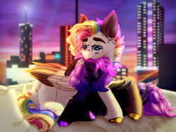 Size: 4275x3197 | Tagged: safe, artist:hell-fire13, oc, oc only, pegasus, pony, building, colored wings, duo, hoof polish, indoors, multicolored hair, night, nuzzling, oc x oc, pegasus oc, rainbow hair, shipping, two toned wings, wings