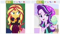 Size: 594x337 | Tagged: safe, starlight glimmer, sunset shimmer, human, derpibooru, equestria girls, equestria girls series, g4, mirror magic, sunset's backstage pass!, spoiler:eqg series (season 2), spoiler:eqg specials, angry, cute, food, glimmerbetes, ice cream, jealous, juxtaposition, juxtaposition win, madorable, meme, meta, shimmerbetes, sunset shimmer is not amused, unamused