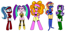 Size: 1600x800 | Tagged: safe, artist:fuckomcfuck, adagio dazzle, aria blaze, sonata dusk, starlight glimmer, sunset shimmer, human, equestria girls, g4, belt, boots, clothes, commission, cosplay, costume, crossover, evening gloves, female, gloves, headband, jade (mortal kombat), kitana, long gloves, looking at each other, looking at someone, mask, mileena, mortal kombat, shoes, simple background, size difference, skarlet, spandex, tanya, the dazzlings, transparent background