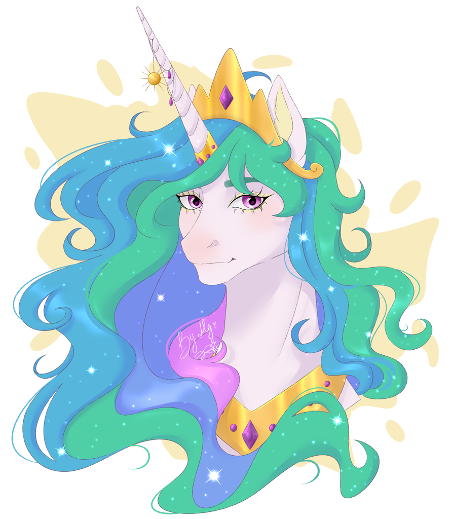 [alicorn,bust,crown,female,horn,jewelry,mare,pony,portrait,princess celestia,safe,signature,solo,regalia,ethereal mane,abstract background,horn jewelry,peytral,smiling,artist:redfoxii]