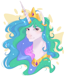 Size: 2480x2840 | Tagged: safe, artist:redfoxii, princess celestia, alicorn, pony, g4, abstract background, bust, crown, ethereal mane, eyebrows, female, high res, horn, horn jewelry, jewelry, looking at you, mare, peytral, portrait, regalia, signature, smiling, smiling at you, solo