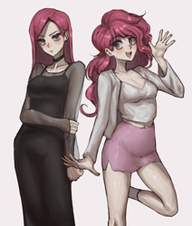 Size: 3133x3692 | Tagged: safe, artist:shrimpring, pinkie pie, human, g4, choker, chokerpie, clothes, duality, duo, female, high res, humanized, pinkamena diane pie, self paradox, shorts, simple background, smiling, waving