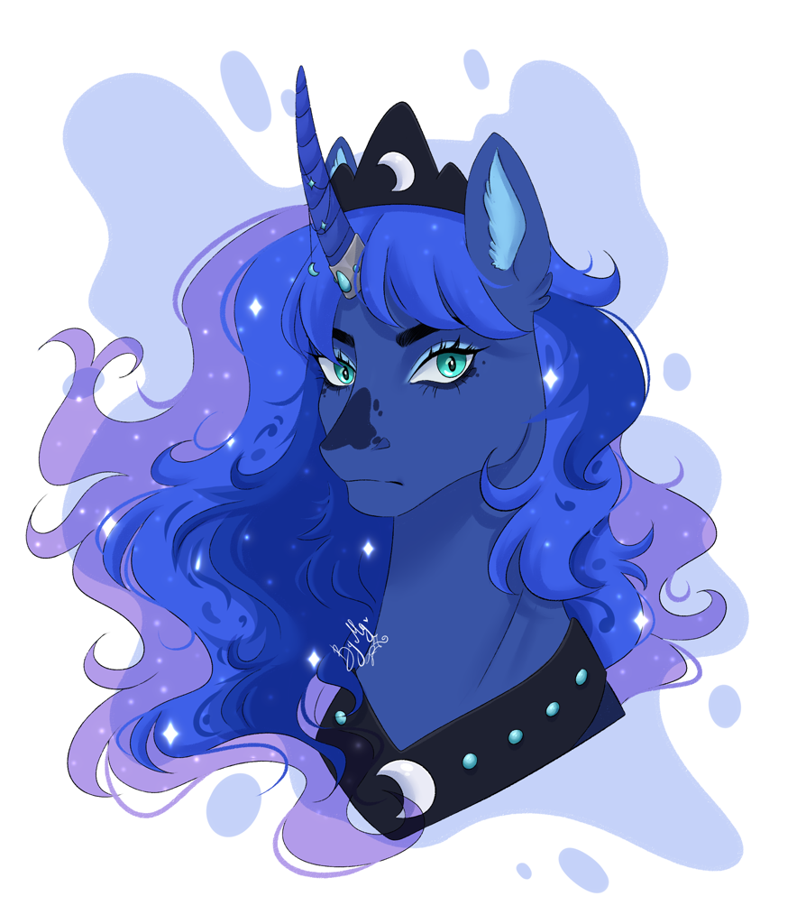 [alicorn,bust,crown,female,horn,jewelry,mare,pony,portrait,princess luna,safe,signature,solo,regalia,facial markings,ethereal mane,abstract background,horn jewelry,peytral,coat markings,star (coat marking),artist:redfoxii]