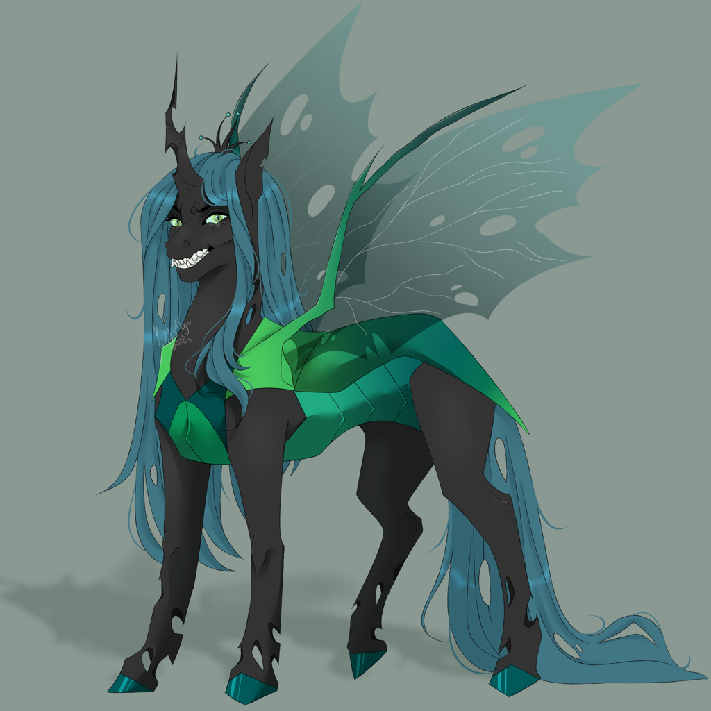 [angry,changeling,changeling queen,female,queen chrysalis,safe,scowl,shadow,sharp teeth,signature,simple background,solo,teeth,wings,spread wings,gray background,artist:redfoxii]
