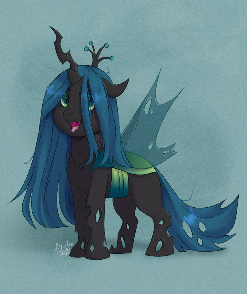 [changeling,changeling queen,chibi,cute,female,open mouth,queen chrysalis,safe,signature,simple background,solo,cutealis,smiling,green background,open smile,artist:redfoxii]