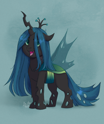 Size: 910x1080 | Tagged: safe, artist:redfoxii, queen chrysalis, changeling, changeling queen, g4, chibi, cute, cutealis, female, green background, looking at you, open mouth, open smile, signature, smiling, smiling at you, solo, spread wings, standing, textured background, three quarter view, wings