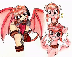 Size: 2724x2148 | Tagged: safe, artist:liaaqila, changeling, dragon, earth pony, human, hybrid, pegasus, pony, collar, cute, cute little fangs, devil tail, dragon tail, dragon wings, ear piercing, earring, emanata, fangs, grin, headphones, high res, jewelry, nimona, piercing, ponified, shapeshifter, shapeshifting, simple background, smiling, tail, traditional art, white background, wings