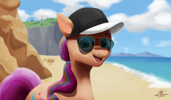 Size: 1171x683 | Tagged: safe, artist:calebpedigo, sunny starscout, earth pony, pony, g5, baseball cap, beach, cap, cliff, cloud, female, hat, mare, maretime bay, ocean, open mouth, open smile, signature, sky, smiling, solo, sunglasses, water