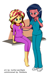 Size: 779x1080 | Tagged: safe, artist:twilite-sparkleplz, desert sage, sunset shimmer, human, equestria girls, g4, barefoot, clothes, duo, duo female, feet, female, nurse, scrubs (gear), simple background, stethoscope, white background