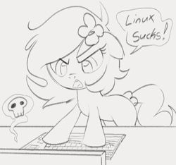 Size: 822x771 | Tagged: safe, artist:dotkwa, oc, oc only, oc:kayla, earth pony, pony, angry, broken, computer, dialogue, female, filly, flower, flower in hair, foal, furrowed brow, gray background, grayscale, keyboard, linux, monochrome, open mouth, simple background, skull, solo