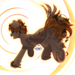 Size: 2500x2500 | Tagged: safe, alternate version, artist:medkit, oc, oc only, oc:sunny winds, pegasus, pony, bracelet, butt, colored eyebrows, colored eyelashes, colored hooves, colored lineart, colored muzzle, colored pupils, colored wings, dandelion, ear fluff, ears up, eye clipping through hair, eyebrows, eyebrows visible through hair, feathered wings, female, flower, flower in hair, folded wing, freckles, full body, green eyes, high res, hoof fluff, horseshoes, jewelry, leaves, leaves in hair, leg fluff, long tail, looking at you, looking back, looking back at you, mare, open mouth, open smile, pegasus oc, perspective, plot, raised hoof, raised leg, rear view, running, short mane, signature, simple background, smiling, solo, spread wings, stars, sternocleidomastoid, tail, teeth, two toned coat, two toned mane, two toned tail, wall of tags, watermark, white background, wing fluff, wings