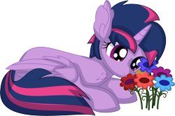 Size: 7878x5225 | Tagged: safe, artist:cyanlightning, oc, oc only, oc:dahlia, alicorn, pony, .svg available, absurd resolution, female, flower, lying down, mare, not twilight sparkle, prone, simple background, solo, transparent background, vector