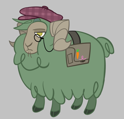 Size: 748x716 | Tagged: safe, artist:nonameorous, oc, oc only, oc:parsley (tfh), sheep, them's fightin' herds, bag, beret, cloven hooves, community related, gray background, hat, looking at you, male, monocle, ram, simple background, solo