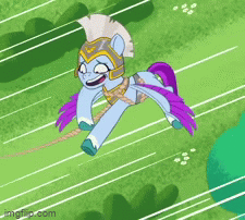 Size: 225x202 | Tagged: safe, screencap, zoom zephyrwing, pegasus, pony, g5, my little pony: tell your tale, zipp's flight school, spoiler:g5, spoiler:my little pony: tell your tale, spoiler:tyts01e02, animated, armor, concerned, female, flying, gif, guardsmare, helmet, mare, pegasus royal guard, rope, royal guard, solo, tied up, waving hooves
