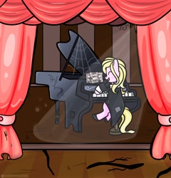 Size: 1962x2048 | Tagged: safe, artist:redpalette, oc, oc only, oc:chuckles, earth pony, pony, album cover, blonde, clothes, coat, concert, curtains, earth pony oc, female, mare, music, musical instrument, piano, shoes, stage