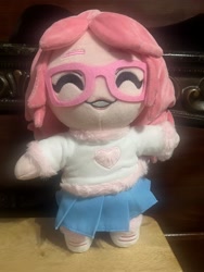 Size: 4032x3024 | Tagged: safe, artist:mixermike622, artist:youtooz, oc, oc only, oc:fluffle puff, human, ^^, clothes, eyes closed, female, glasses, humanized, irl, merchandise, photo, pink hair, plushie, skirt, smiling, youtooz