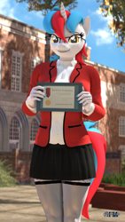Size: 1080x1920 | Tagged: safe, artist:anthroponiessfm, oc, oc only, oc:audina puzzle, unicorn, anthro, 3d, anthro oc, clothes, cute, diploma, female, glasses, graduation, meganekko, skirt, solo, source filmmaker, stockings, thigh highs, uniform, wholesome