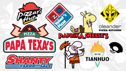 Size: 8000x4501 | Tagged: safe, artist:poxy_boxy, arizona (tfh), oleander (tfh), paprika (tfh), pom (tfh), shanty (tfh), texas (tfh), tianhuo (tfh), velvet (tfh), alpaca, lamb, pony, sheep, unicorn, them's fightin' herds, absurd resolution, california pizza kitchen, chuck e. cheese, community related, costco, domino's pizza, food, little caesars, logo, papa john's, parody, pizza, pizza hut