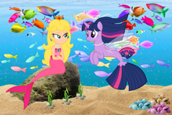 Size: 3000x2000 | Tagged: safe, artist:danielarkansanengine, artist:magical-mama, artist:tardifice, artist:user15432, twilight sparkle, alicorn, fish, mermaid, pony, seapony (g4), equestria girls, g4, base used, bubble, clothes, crossover, crown, ear piercing, earring, equestria girls style, equestria girls-ified, fin wings, fins, fish tail, high res, jewelry, looking at each other, looking at someone, mermaid peach, mermaid princess, mermaid tail, mermaidized, mermay, necklace, ocean, pearl necklace, piercing, princess peach, regalia, rock, sand, seaponified, seapony twilight, seashell, seaweed, smiling, smiling at each other, species swap, strapless, super mario bros., tail, twilight sparkle (alicorn), under the sea, underwater, water, wings