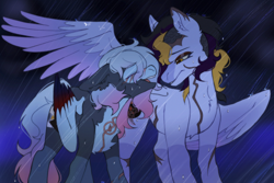 Size: 2400x1605 | Tagged: safe, artist:ruru_01, oc, oc only, oc:skye setter, oc:sunlight, pegasus, pony, commission, concave belly, couple, female, folded wings, looking at each other, looking at someone, rain, smiling, smiling at each other, spread wings, wings