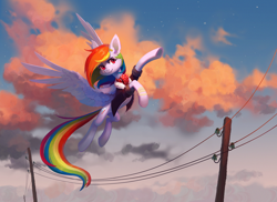 Size: 4112x3000 | Tagged: safe, artist:koviry, rainbow dash, pegasus, pony, g4, clothed ponies, clothes, cloud, colored, concave belly, ear fluff, female, flying, long tail, mare, outdoors, power line, scarf, scenery, sky, slender, solo, spread wings, sunset, tail, telephone pole, thin, underhoof, wings