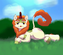 Size: 640x557 | Tagged: safe, artist:gosha305, autumn blaze, kirin, g4, :3, :p, cheek fluff, chest fluff, cloven hooves, crossed hooves, ear fluff, eyebrows, eyelashes, fluffy, fluffy mane, full body, hooves, horn, looking at you, lying down, on side, solo, tongue out, unshorn fetlocks