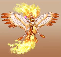 Size: 973x920 | Tagged: safe, artist:blackblood-queen, daybreaker, alicorn, anthro, unguligrade anthro, g4, armor, breasts, busty daybreaker, digital art, evil grin, female, fire, flying, gradient background, grin, helmet, mane of fire, mare, smiling, solo, spread wings, winged anthro, wings