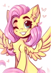 Size: 1430x2048 | Tagged: safe, artist:falafeljake, fluttershy, pegasus, pony, g4, blushing, chest fluff, cute, ear fluff, eyebrows, female, grin, heart, looking at you, mare, one eye closed, shyabetes, signature, simple background, sitting, smiling, smiling at you, solo, spread wings, white background, wings, wink, winking at you