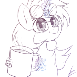 Size: 2000x2000 | Tagged: safe, artist:tz055, oc, oc:tz055, pony, unicorn, chest fluff, drink, food, high res, looking at you, mug, simple background, sketch, solo, tea, white background