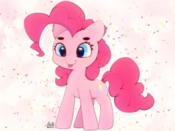 Size: 4000x3000 | Tagged: safe, artist:zokkili, pinkie pie, earth pony, pony, g4, :p, beanbrows, confetti, cute, diapinkes, eyebrows, female, high res, mare, signature, simple background, solo, tongue out, white background