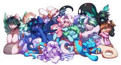 Size: 7866x4260 | Tagged: safe, artist:dedfriend, oc, oc:biru, oc:captain juiss, oc:geksa, oc:mintya, oc:star moonlight, goo, goo pony, lamia, original species, snake, lying down, simple background, transparent background