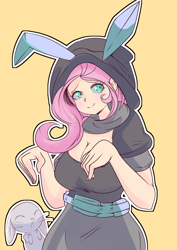 Size: 1116x1579 | Tagged: safe, artist:nijikih, angel bunny, fluttershy, human, rabbit, g4, animal, breasts, bunny ears, busty fluttershy, cleavage, clothes, costume, dangerous mission outfit, duo, duo male and female, female, hoodie, humanized, male, outline, simple background, stupid sexy fluttershy, white outline, yellow background
