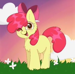 Size: 695x682 | Tagged: safe, artist:bluemoon, apple bloom, earth pony, pony, g4, adorabloom, blushing, chest fluff, cloud, cute, female, filly, flower, foal, grass, looking at you, one eye closed, open mouth, solo, wink