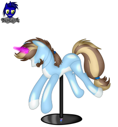 Size: 3840x4154 | Tagged: safe, artist:damlanil, oc, oc:galactic moonshine, pegasus, pony, bondage, clothes, collar, commission, crystal horn, encasement, fake horn, horn, inanimate tf, latex, magic, magic aura, male, mannequin, mannequin transformation, no mouth, objectification, pedestal, petrification, ponyquin, rubber, shiny, show accurate, simple background, solo, stallion, transformation, transparent background, vector, wings