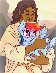 Size: 899x1169 | Tagged: safe, artist:zer0wlet, rainbow dash, human, pegasus, pony, g4, christianity, colored, cute, dashabetes, female, holding a pony, human male, jesus christ, male, mare, religion