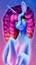 Size: 768x1366 | Tagged: safe, artist:oneiria-fylakas, misty brightdawn, pony, unicorn, g5, abstract background, bust, coat markings, colored ears, female, freckles, gradient hair, gradient horn, gradient mane, hoers, horn, mare, multicolored hair, multicolored mane, portrait, rebirth misty, smiling, socks (coat markings), solo, stars, unshorn fetlocks