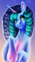 Size: 768x1366 | Tagged: safe, alternate version, artist:oneiria-fylakas, misty brightdawn, pony, unicorn, g5, abstract background, bust, coat markings, colored ears, colored horn, female, freckles, gradient horn, hoers, horn, mare, multicolored hair, multicolored mane, portrait, smiling, socks (coat markings), solo, stars, unshorn fetlocks