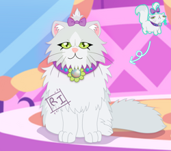 Size: 2403x2129 | Tagged: safe, artist:ponyrasmeii, opalescence, cat, g4, accurate, bow, carousel boutique, collar, ear fluff, female, hair bow, high res, looking at you, redesign, sitting, solo