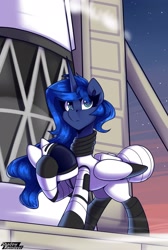 Size: 1750x2600 | Tagged: safe, artist:shadowreindeer, princess luna, alicorn, pony, g4, astronaut, awesome, concave belly, female, folded wings, helmet, high res, mare, rocket, solo, space, spaceship, spacesuit, symbolism, tail, tail bun, to the moon, wings