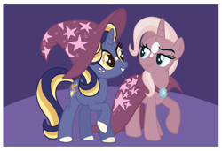 Size: 1081x739 | Tagged: safe, artist:monochrome-sunsets, starlight glimmer, trixie, pony, g4, blue eyes, cape, clothes, coat markings, colored hooves, facial markings, freckles, hat, lidded eyes, looking at each other, looking at someone, purple background, raised hoof, recolor, simple background, smiling, standing, star (coat marking), trixie's cape, trixie's hat, yellow eyes